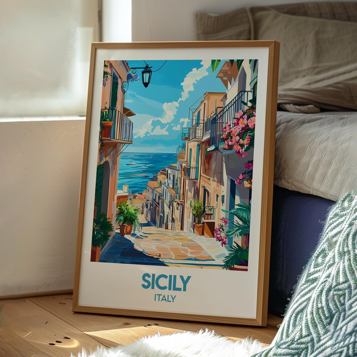 Sicily Italy Sunny Coastal Old Town Street Sea View Travel Poster - Image 3