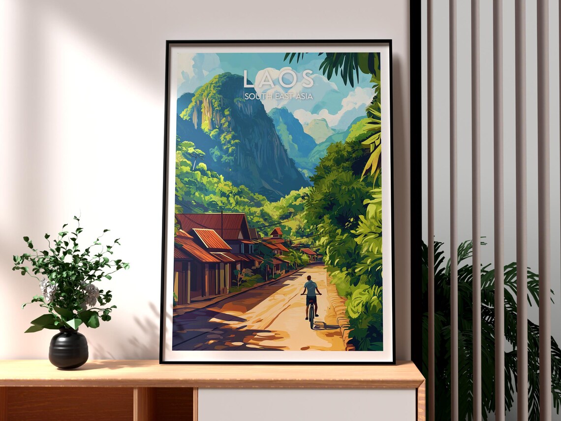 Laos South East Asia Cyclist Road Karst Mountains Travel Poster
