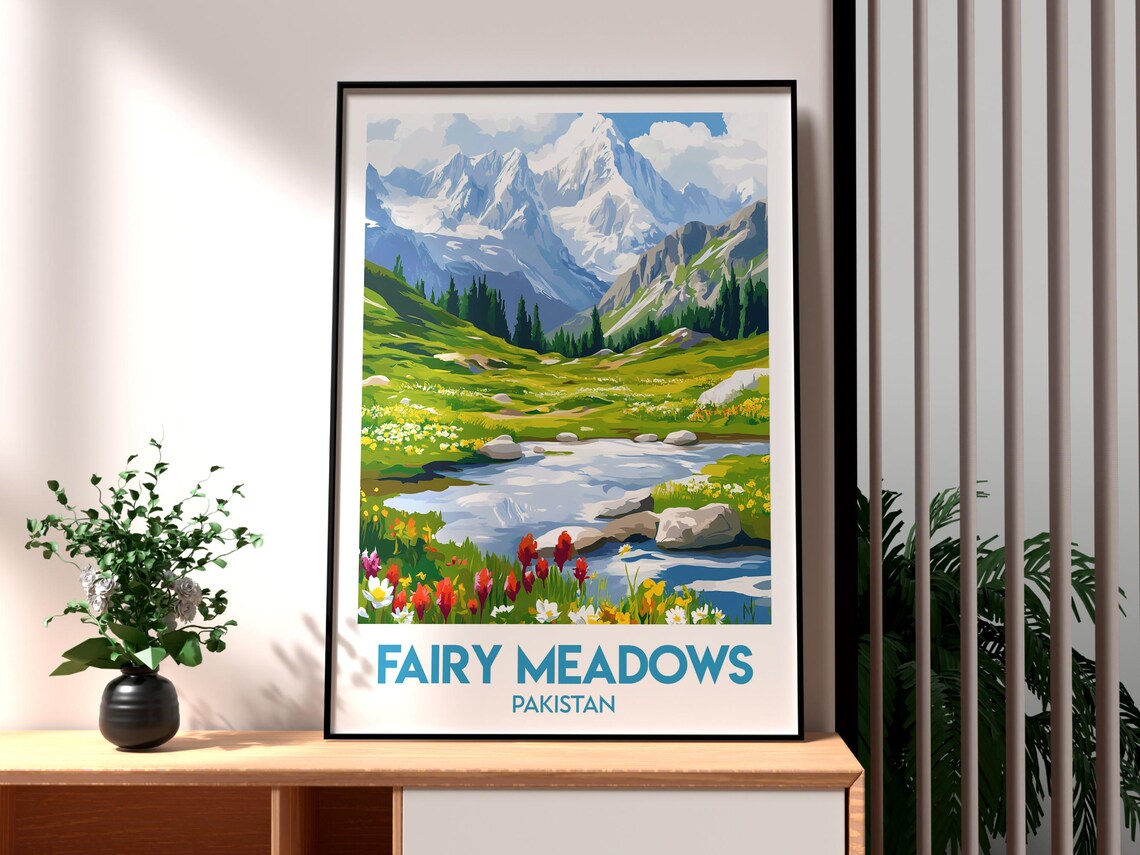 Fairy Meadows Pakistan Snowy Peak Wildflower Meadow Travel Poster