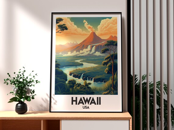 Hawaii USA Volcano Waterfall Tropical River Jungle Scene Poster