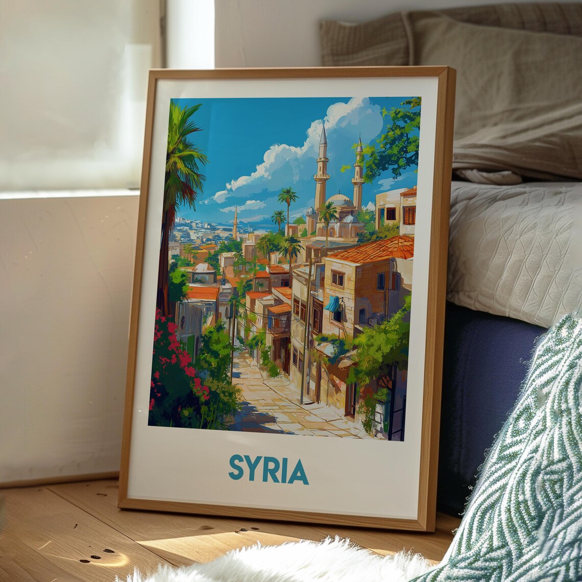 Syria Old Town Street Mosque Minarets Palm Trees Travel Poster - Image 3