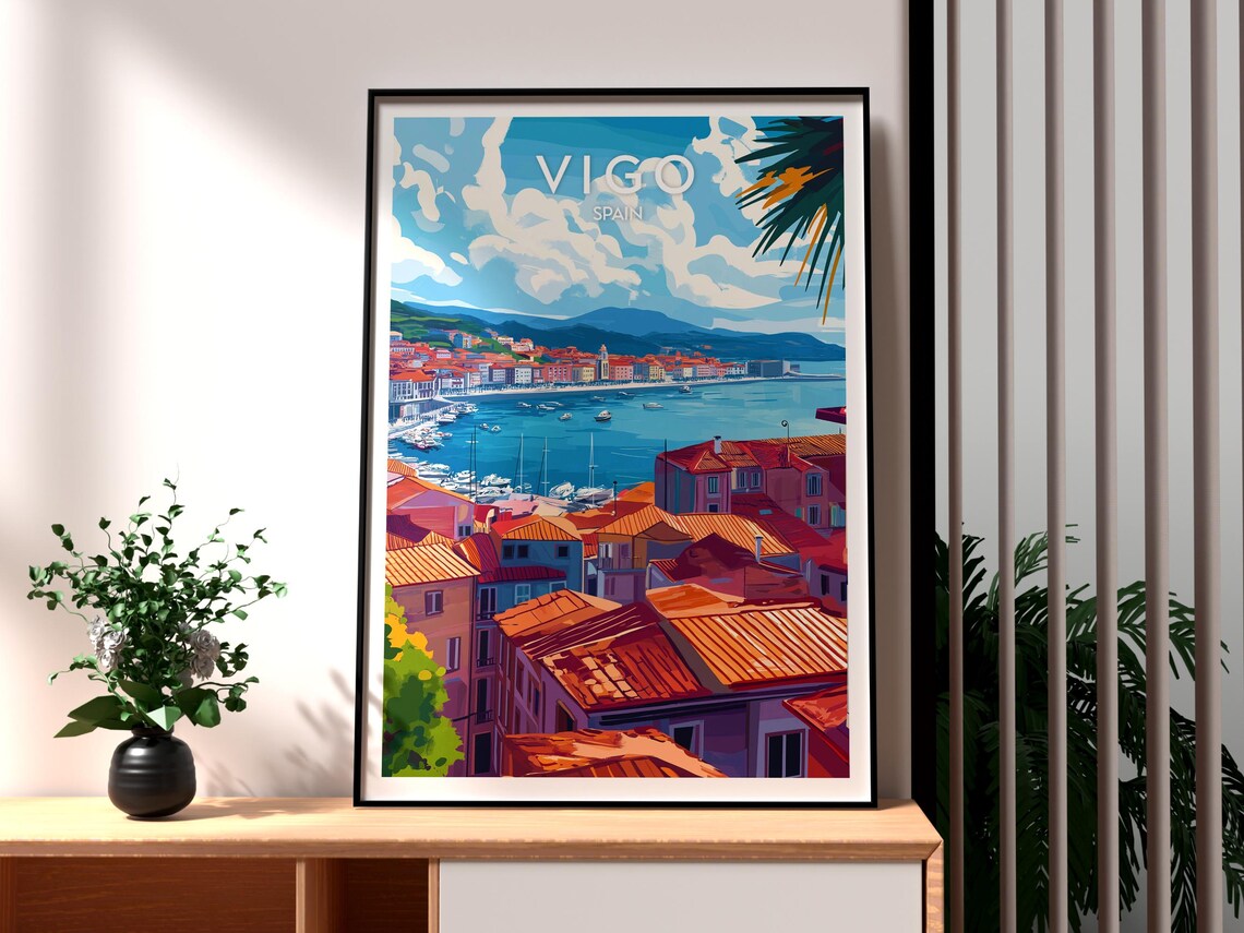 Vigo Spain Harbor Rooftops Marina Boats Galician Bay Vintage Poster