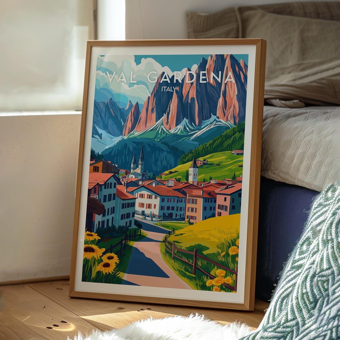 Val Gardena Italy Dolomite Red Peaks Village Sunflower Field Poster - Image 3