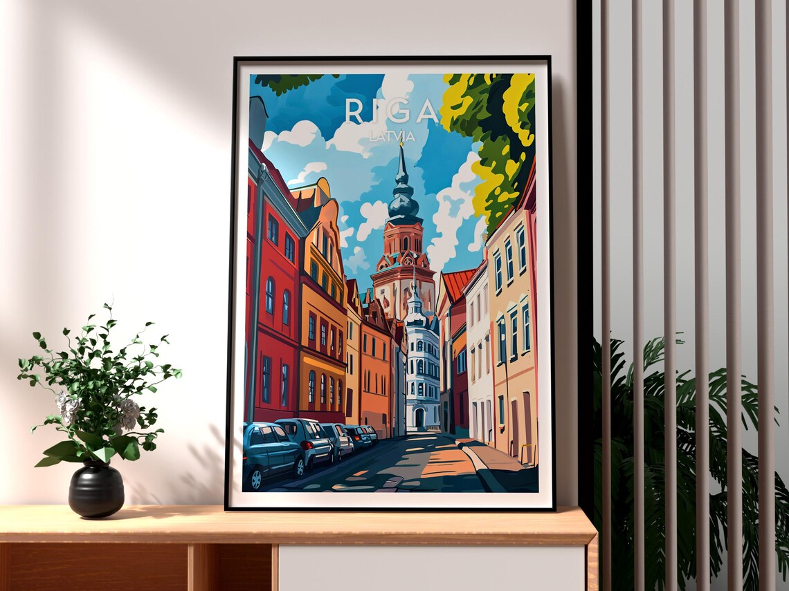 Riga Latvia Colorful Old Town Spire Baltic Art Travel Poster