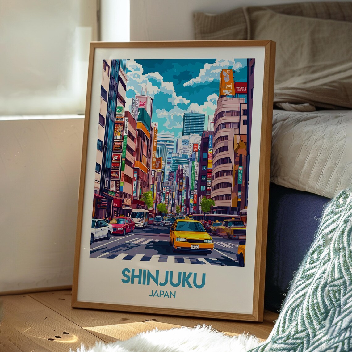 Shinjuku Japan City Yellow Taxi Street Neon Signs Travel Poster - Image 3