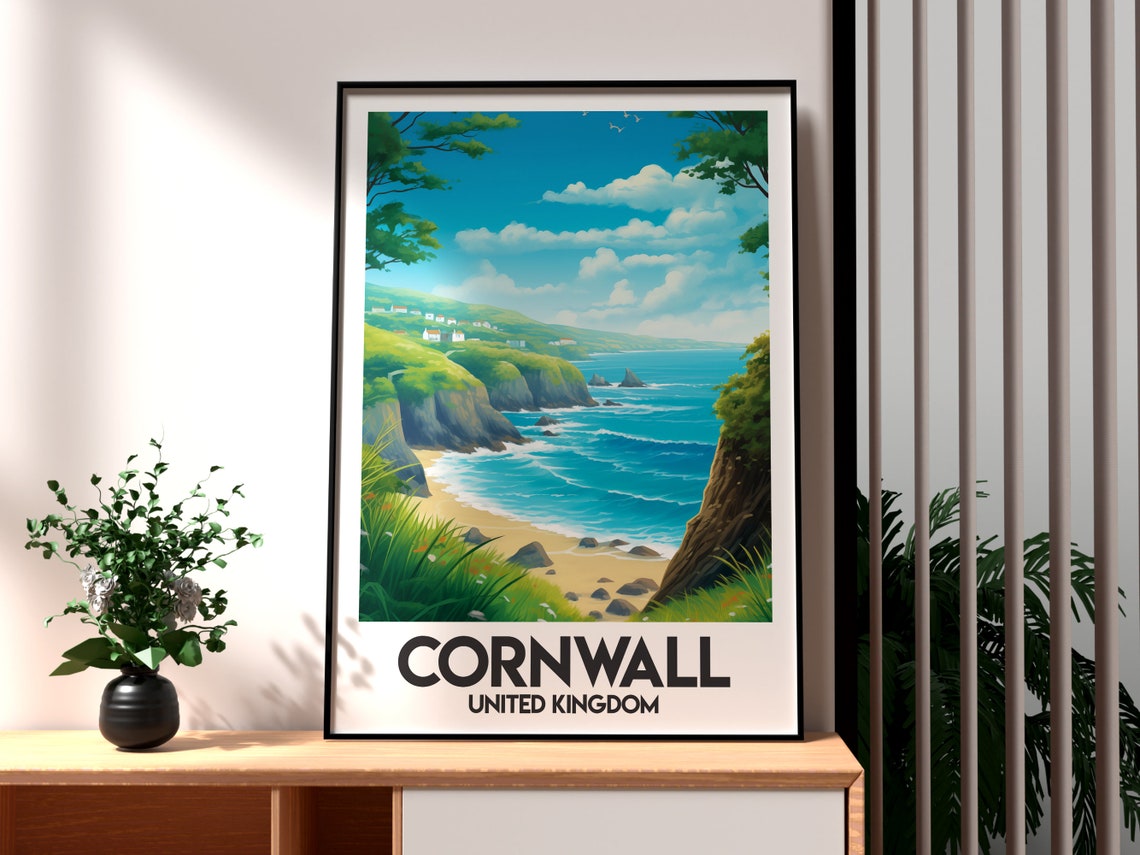 Cornwall United Kingdom Rugged Green Coastline Cove Travel Poster