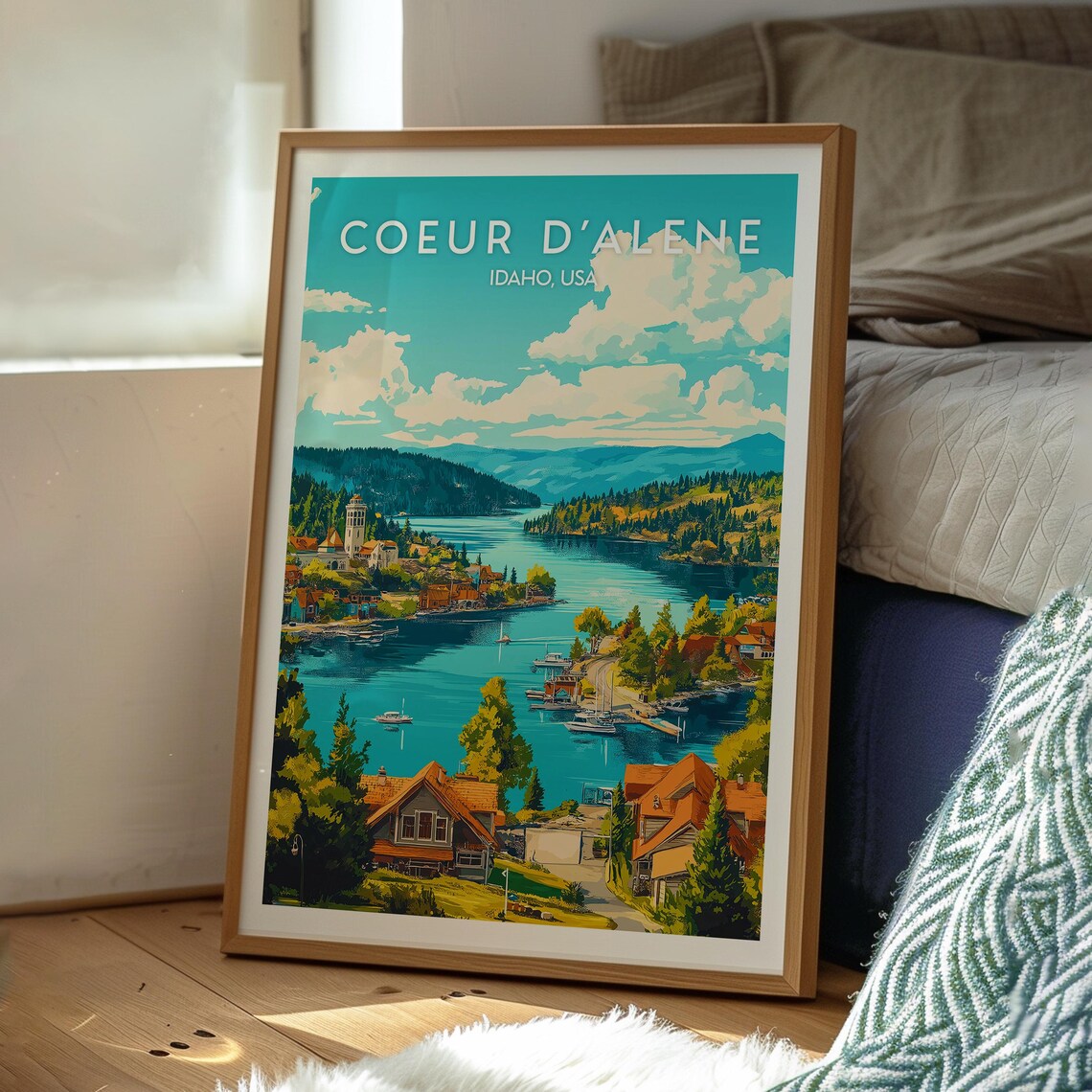 Coeur d'Alene Idaho Lakeside Town Boats Scenic Travel Art Poster - Image 3