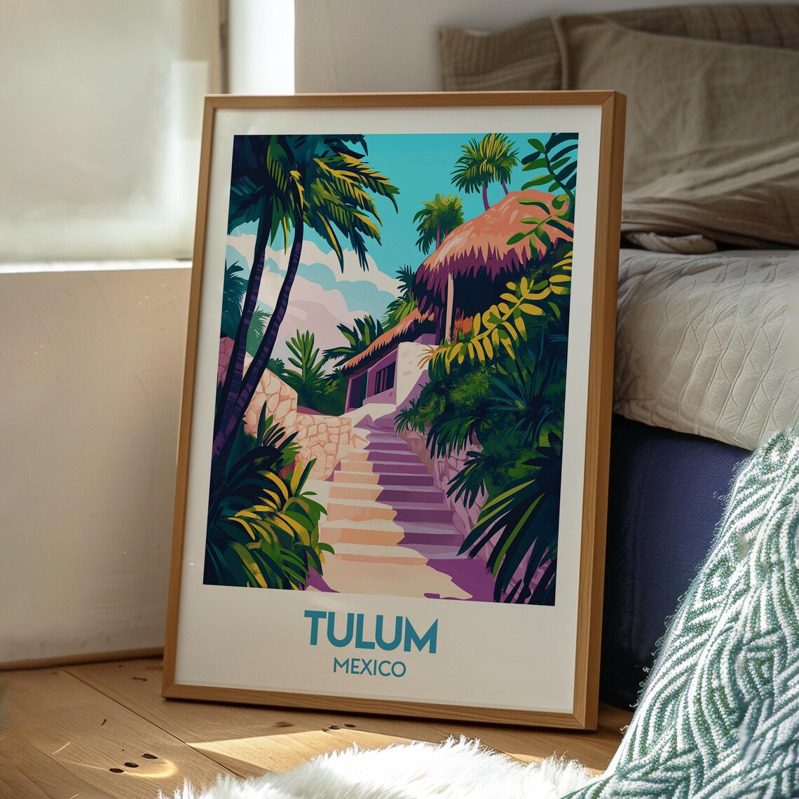 Tulum Mexico Jungle Staircase Palapa Tropical Beach Travel Poster - Image 3