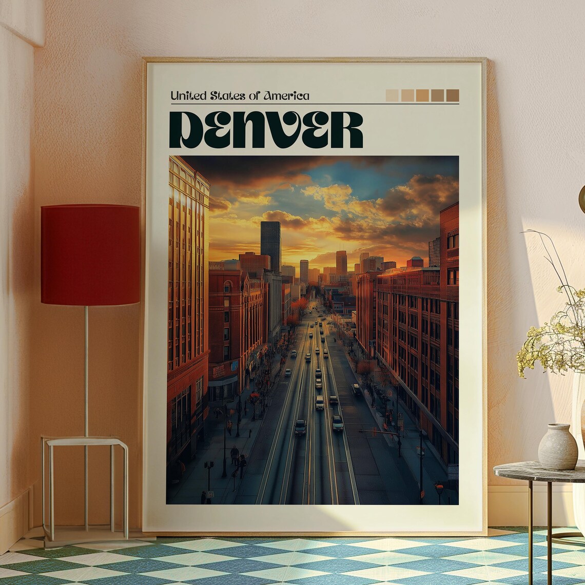 Denver Colorado Mile High City Street Sunset Skyline Travel Poster - Image 2