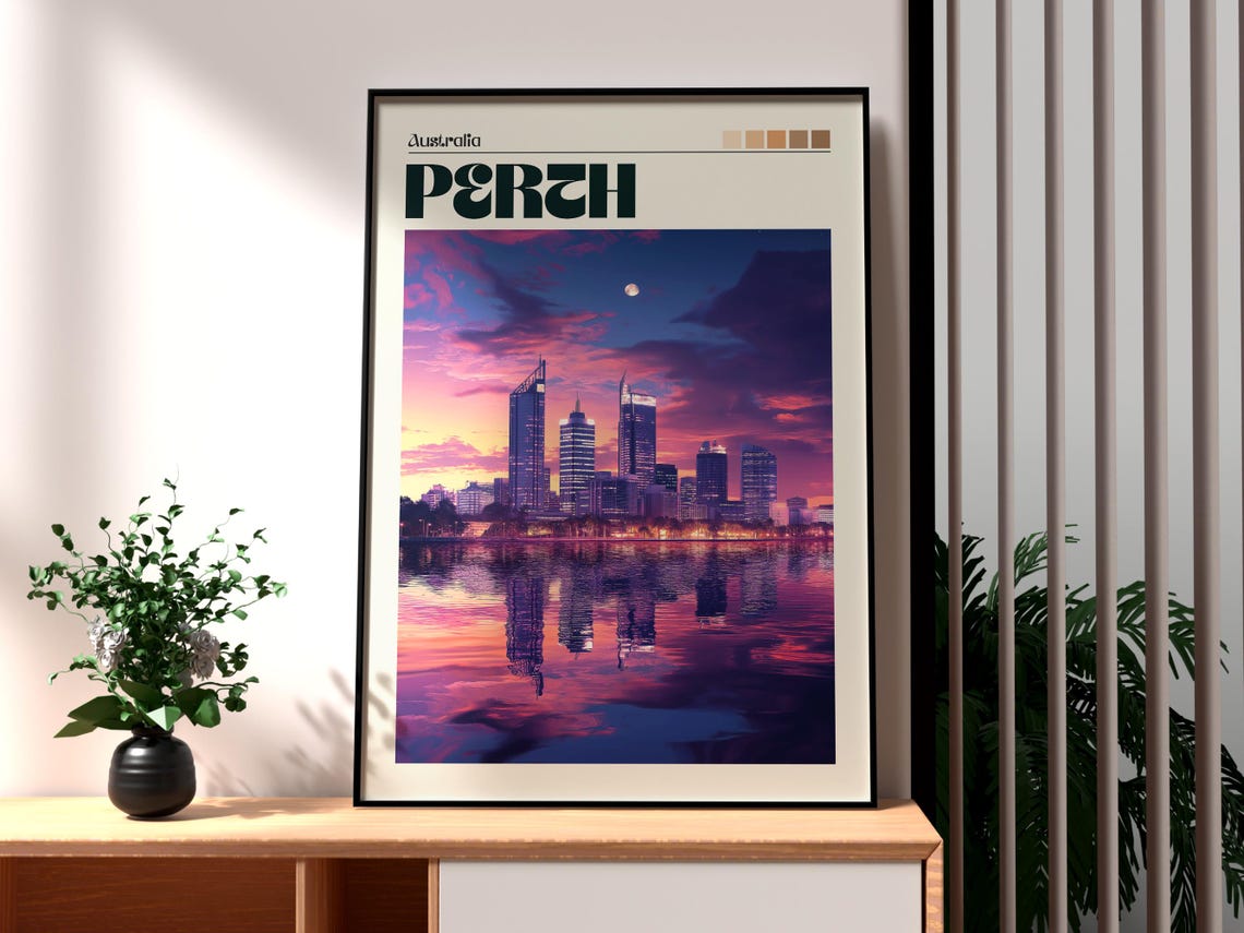 Perth Australia Skyline Sunset Waterfront City Travel Poster