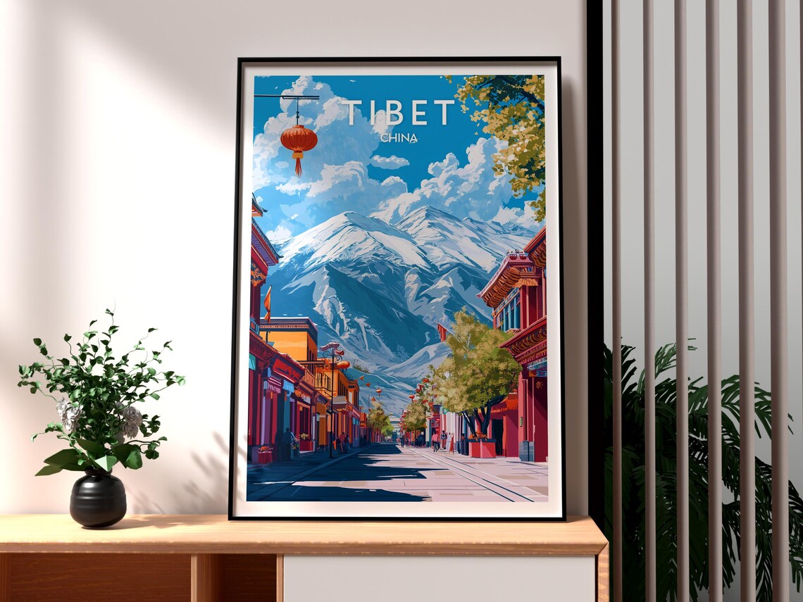 Tibet China Snow Mountain Street Lantern Alpine Travel Poster
