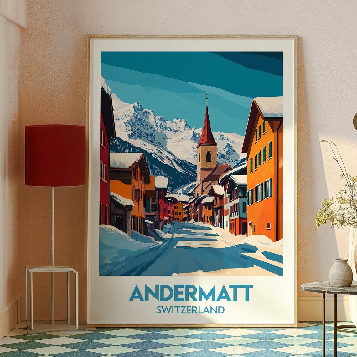 Andermatt Switzerland Snowy Alpine Village Church Winter Travel Poster - Image 2