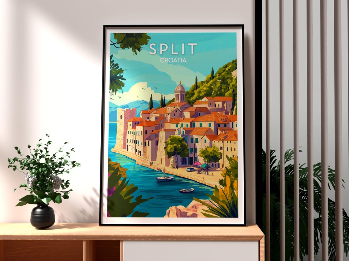 Split Croatia Old Town Harbor Terracotta Coast Vintage Poster