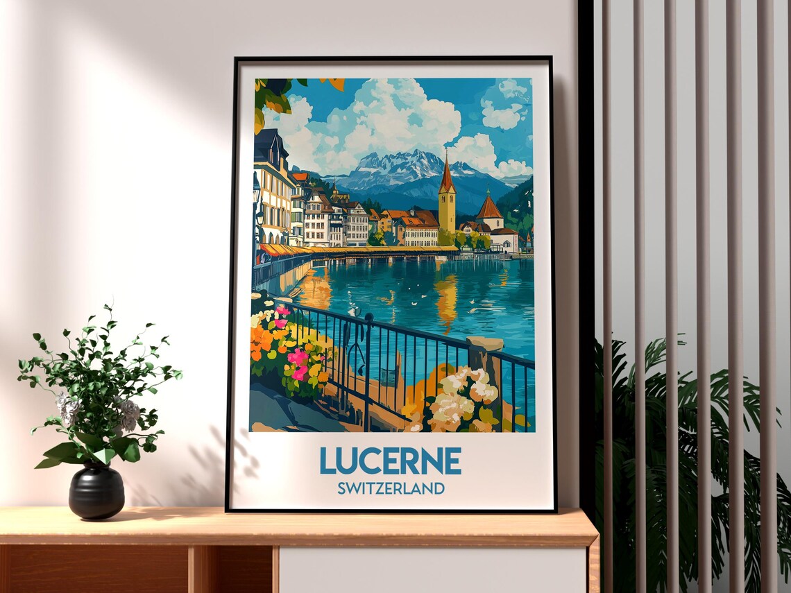 Lucerne Switzerland Lake Mountainside Old Town Cityscape Travel Poster