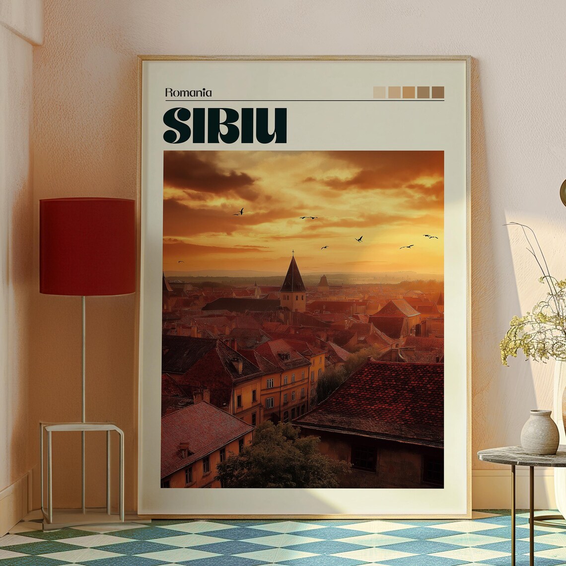 Sibiu Romania Old Town Rooftops Church Tower Golden Sunset City Poster - Image 2