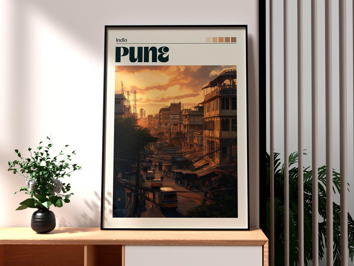 Pune India Urban City Street Golden Sunset Retro Travel Poster