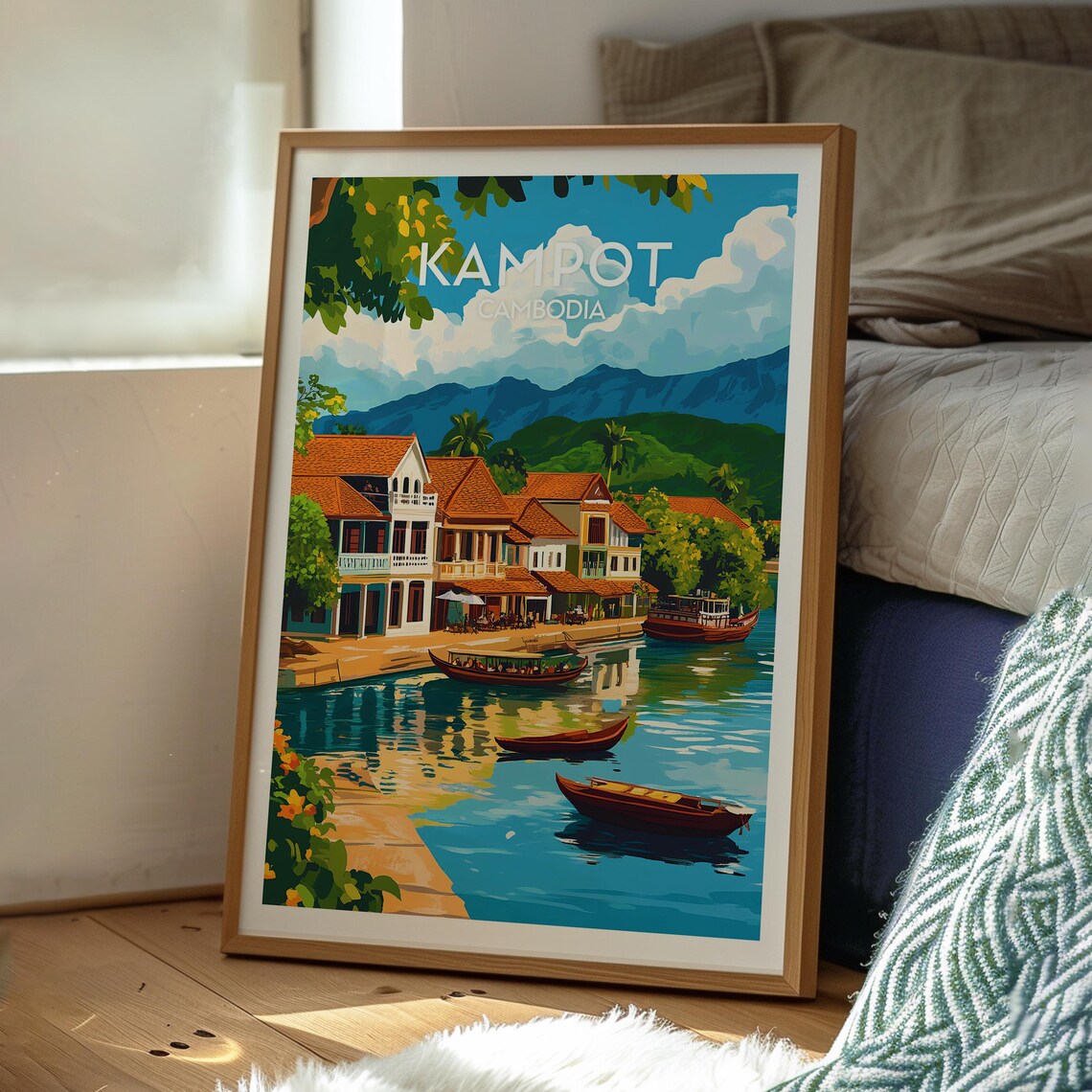Kampot Cambodia Riverfront Shophouses Boats Mountains Travel Poster - Image 3