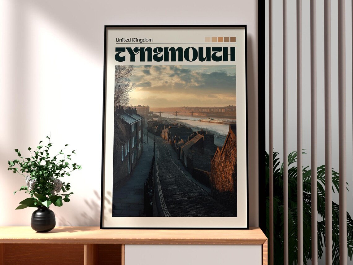 Tynemouth England Cobblestone Street River Tyne Sunset Travel Poster