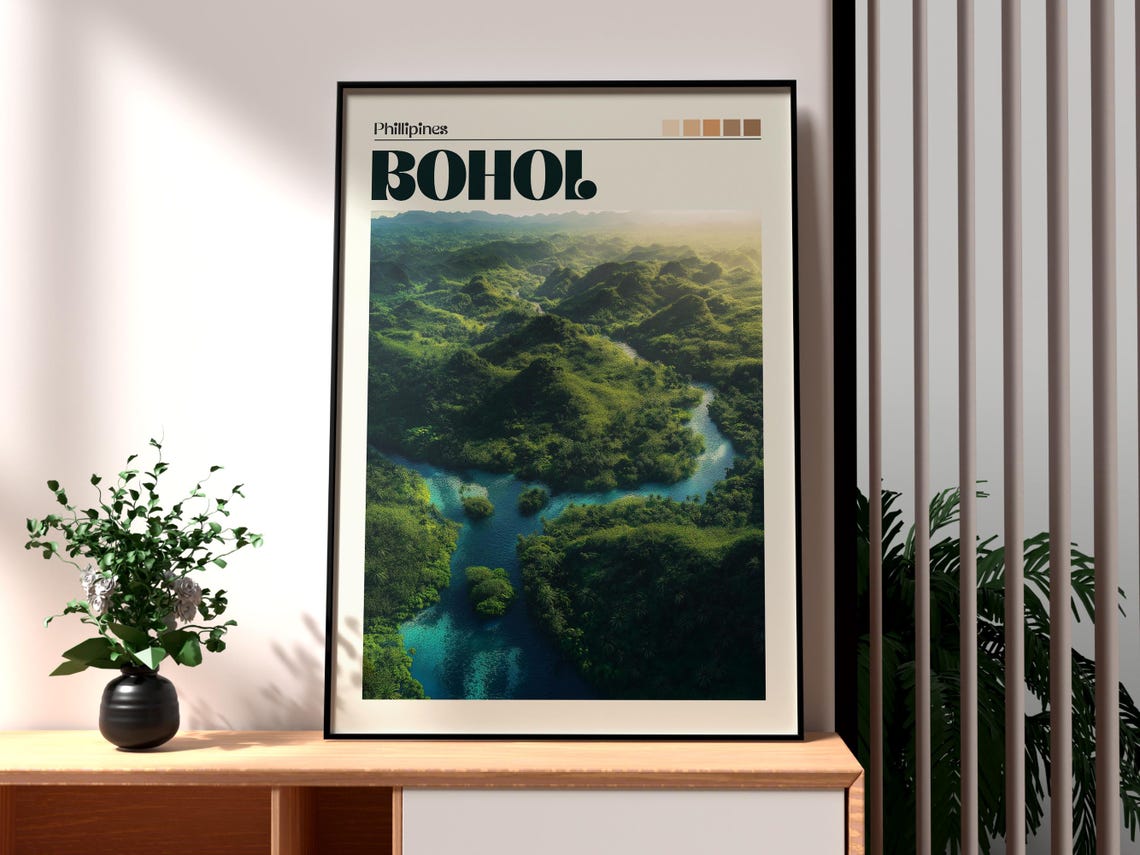 Bohol Philippines Green Hills Winding River View Travel Poster
