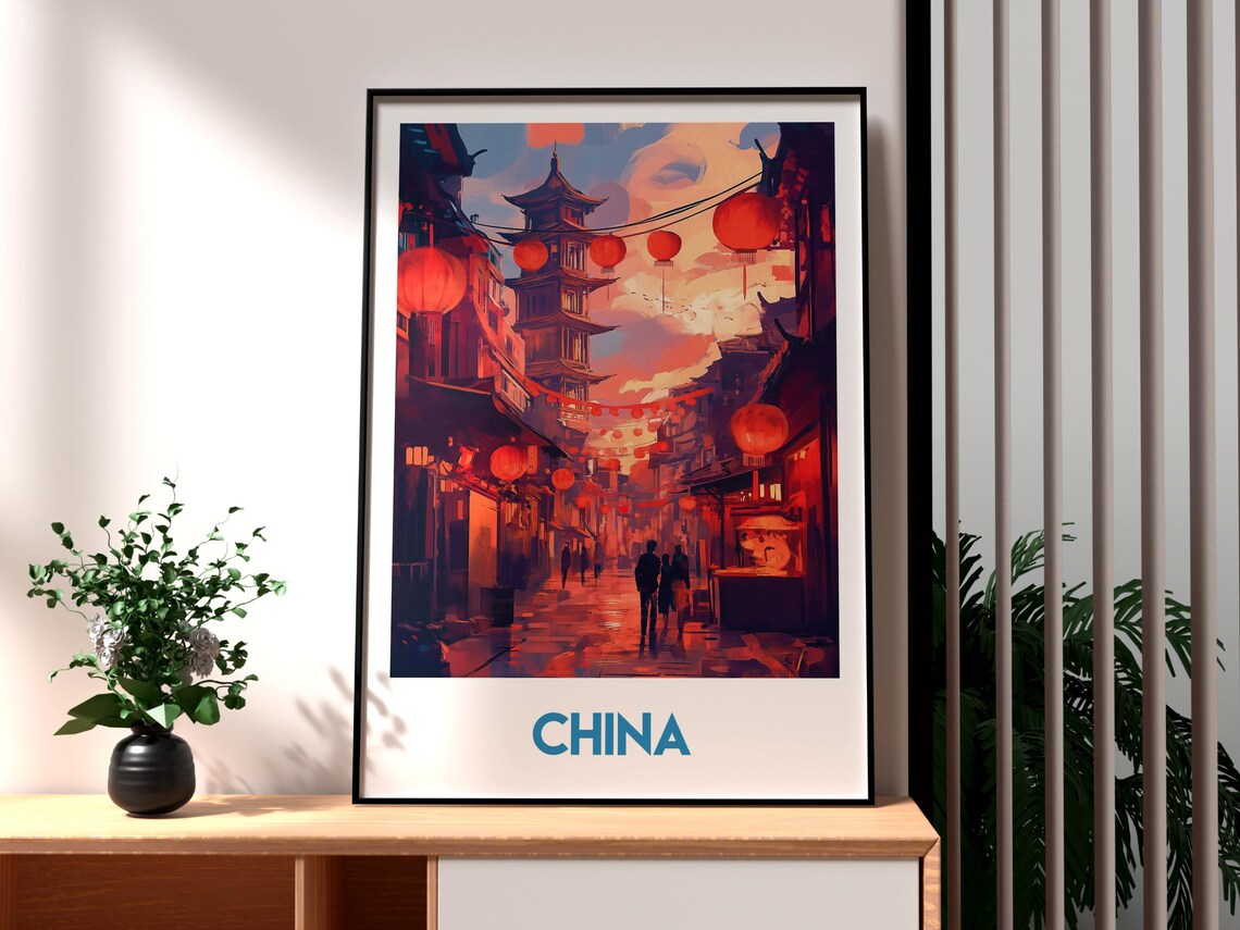 China Red Lantern Old Street Pagoda Night Scene Travel Poster