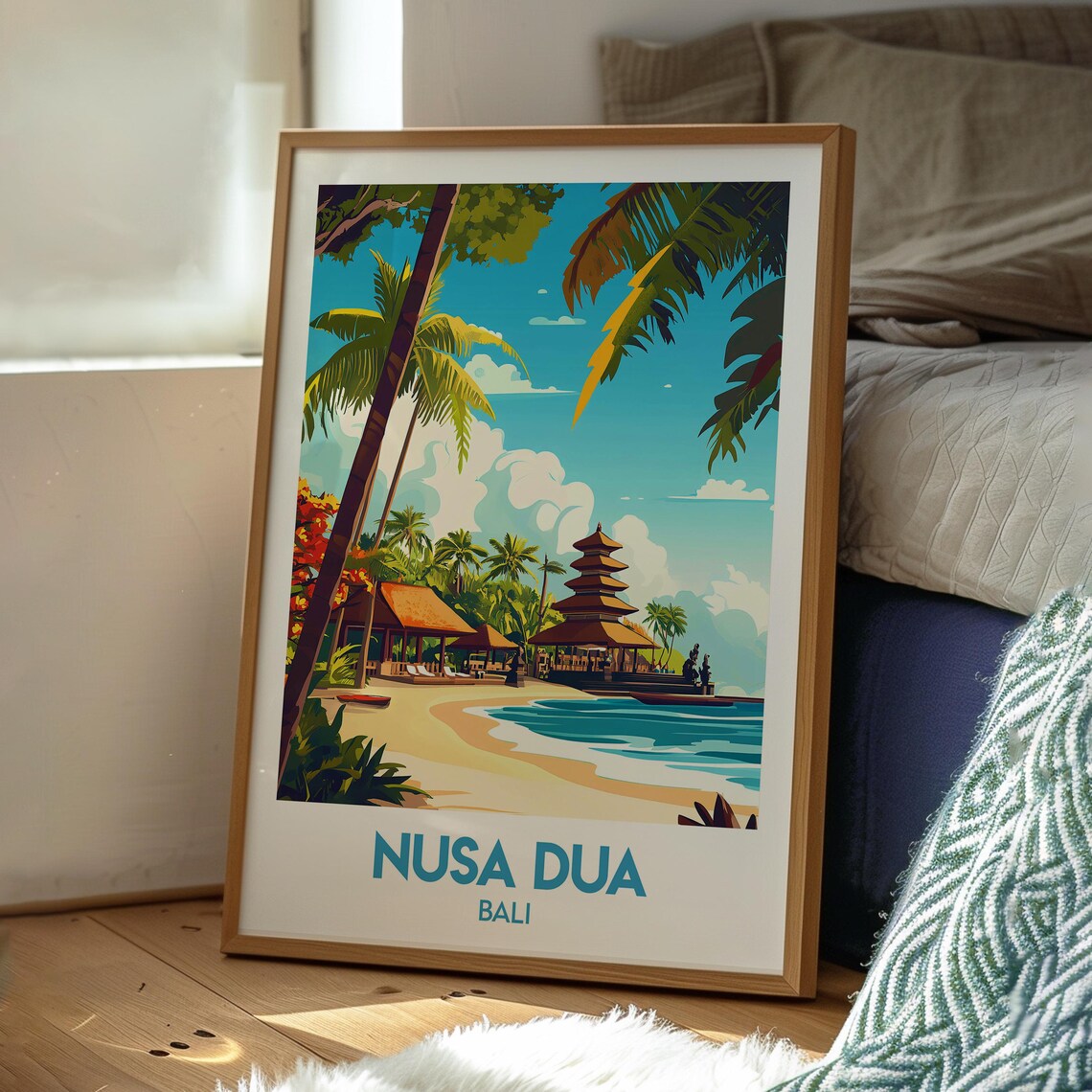 Nusa Dua Bali Vintage Beach Temple Island Travel Illustration Poster - Image 3