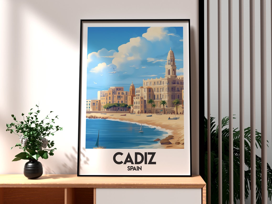Cadiz Spain Seaside Cathedral And Beach Vintage Travel Poster