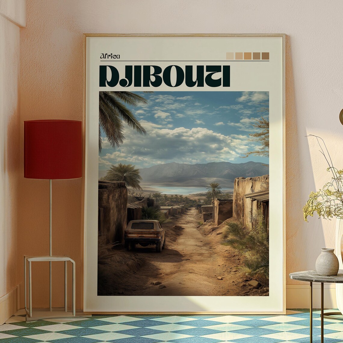 Djibouti Africa Desert Road Village Palms Mountain Travel Poster - Image 2