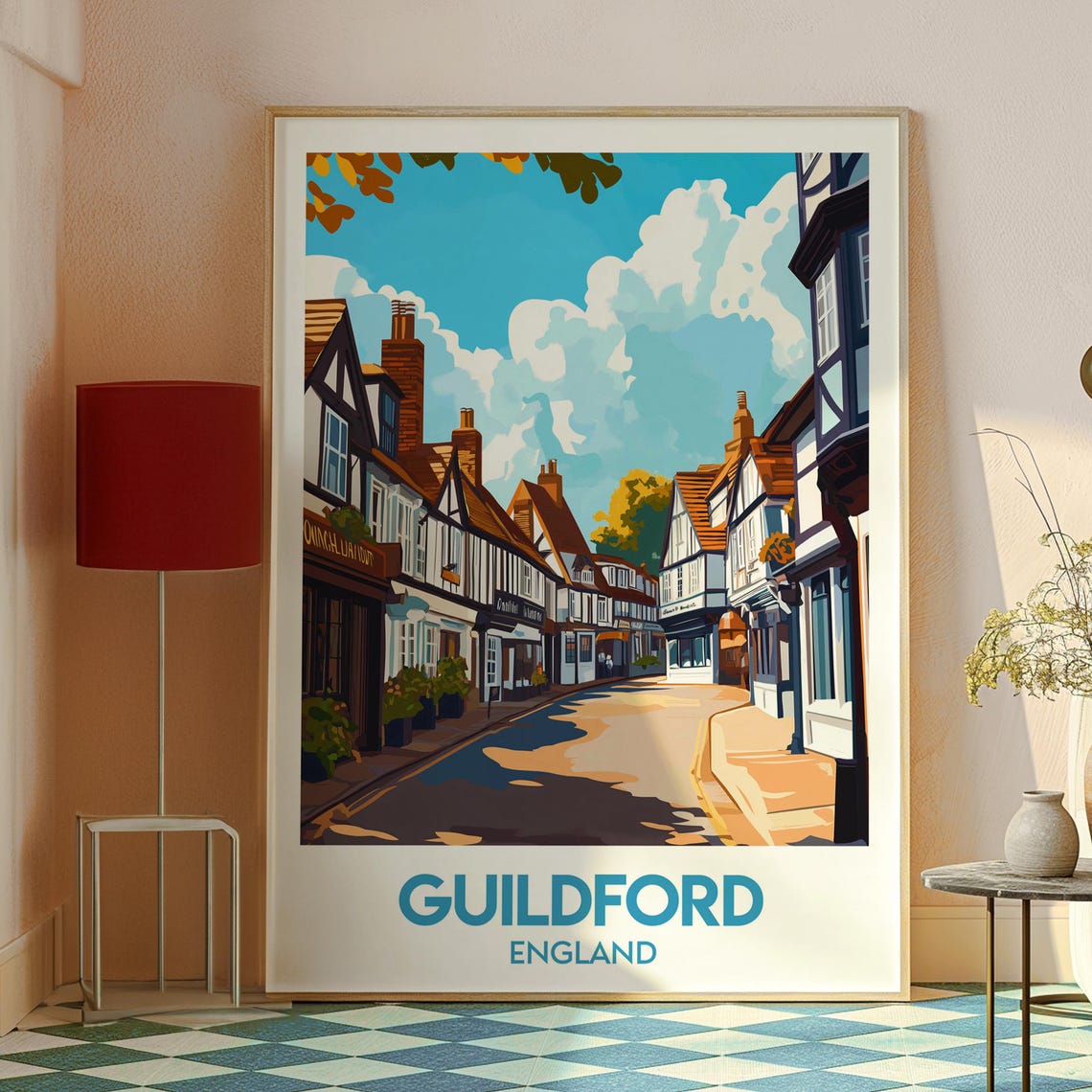 Guildford England Timber Framed Old Town Street Travel Poster - Image 2
