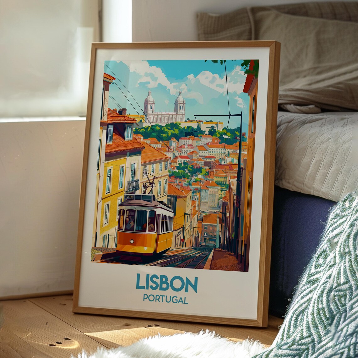 Lisbon Portugal Yellow Tram Hillside Streets and Castle Poster - Image 3