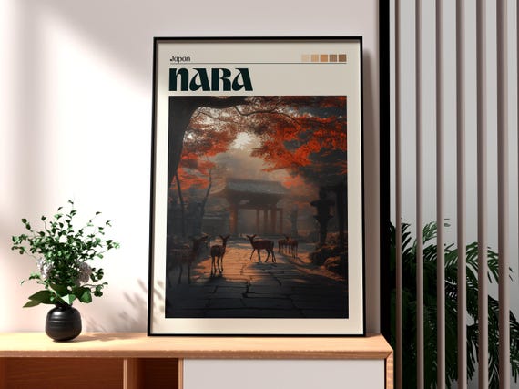 Nara Deer Park Japan Travel Poster, Kyoto Temple