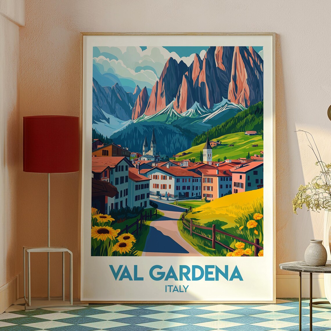 Val Gardena Italy Dolomites Alpine Village Sunflower Art Poster - Image 2