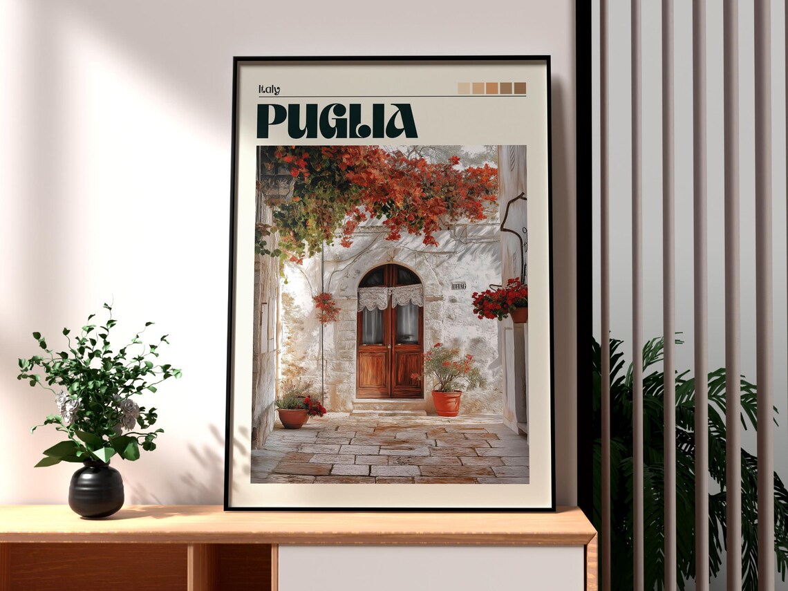 Puglia Italy Sunlit Courtyard Door Bougainvillea Retro Travel Poster