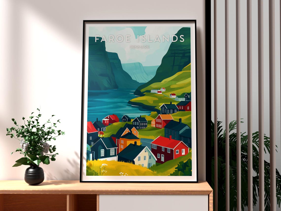 Faroe Islands Denmark Fjord Village Green Cliffs Travel Poster