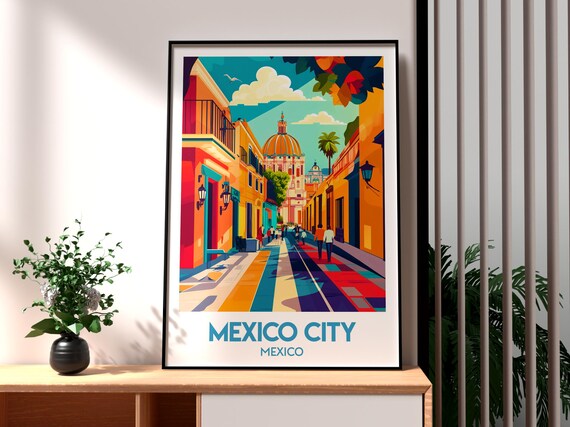 Mexico City Mexico Colorful Colonial Street Cathedral Dome Historic Travel Poster