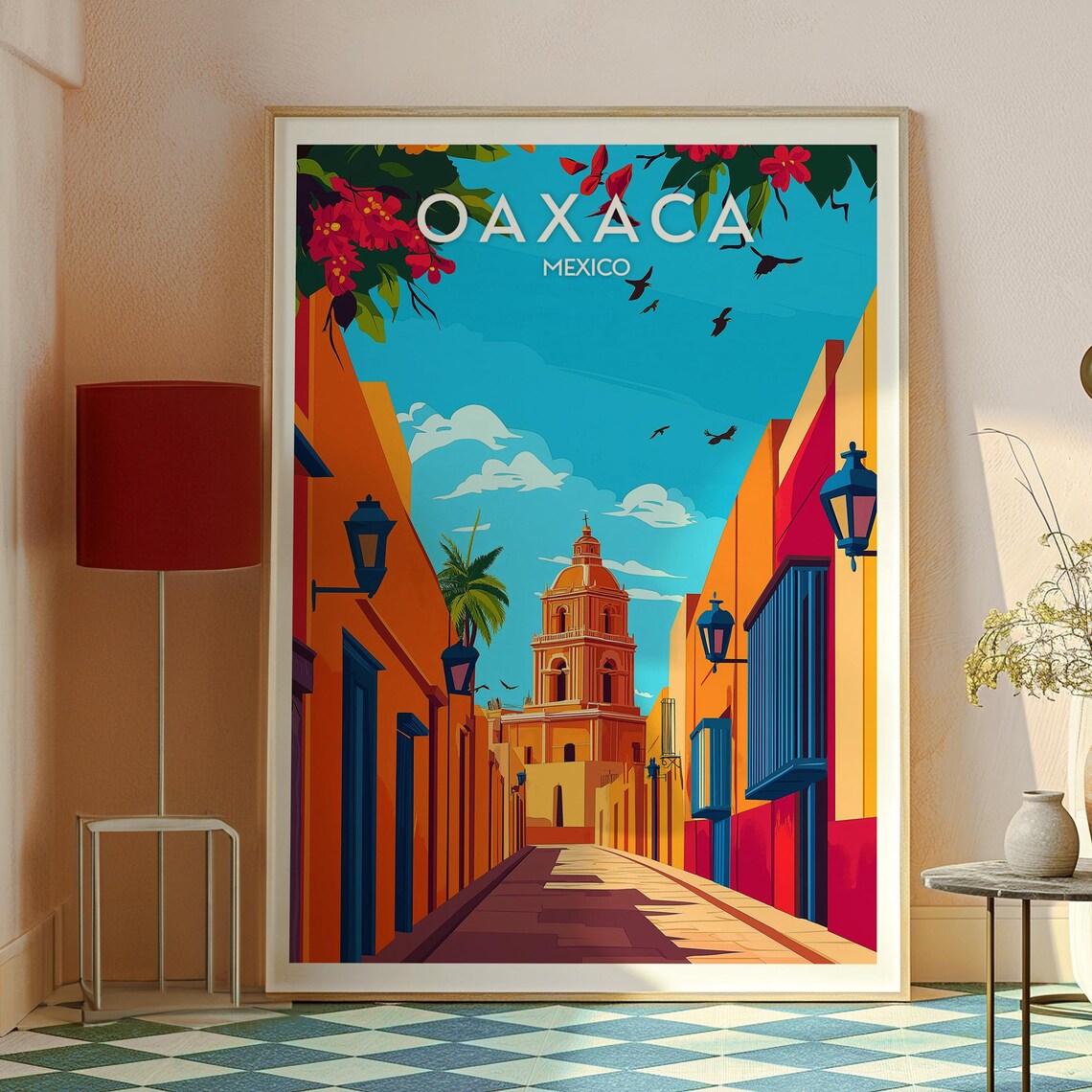 Oaxaca Mexico Sunlit Street Flowers Colonial Church Travel Poster - Image 2