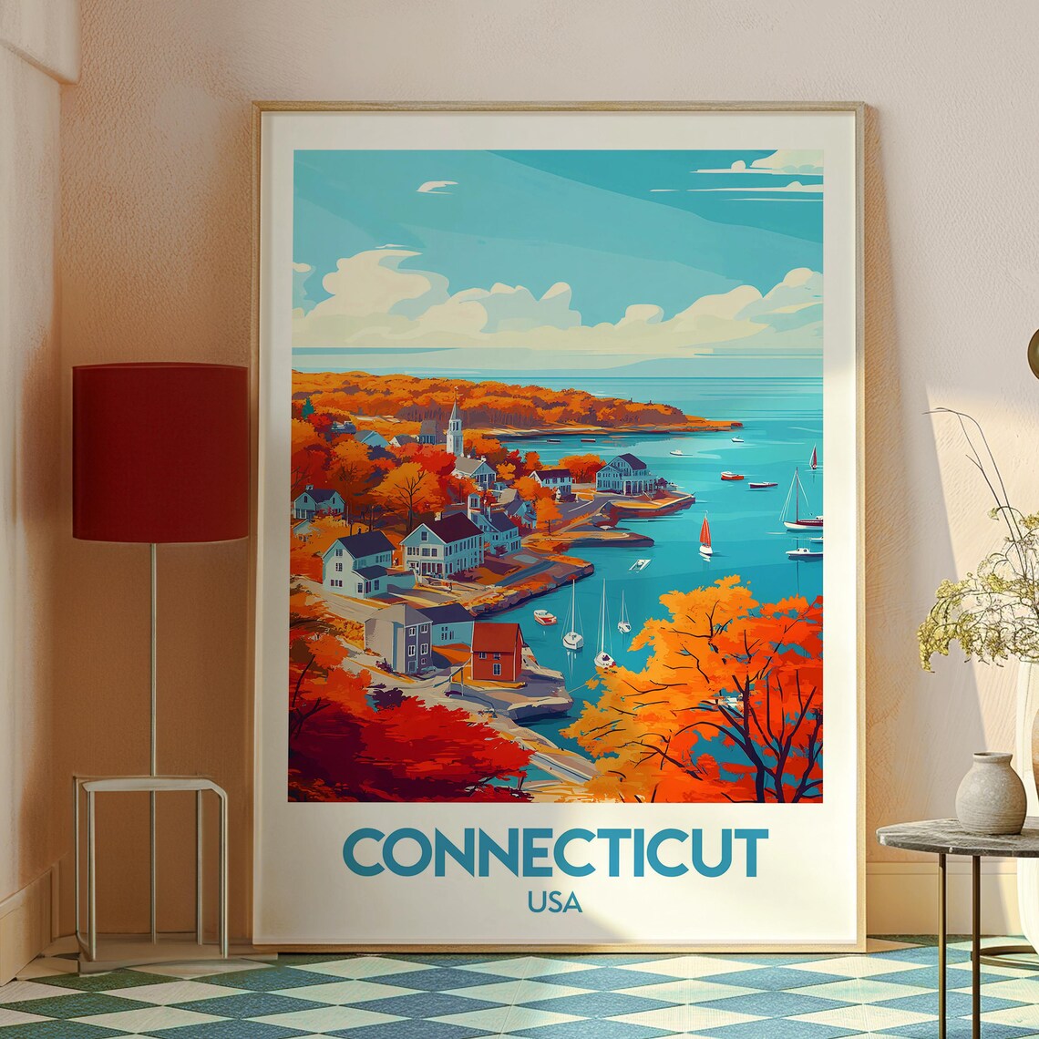Connecticut USA Coastal Harbor Town In Autumn Colors Travel Poster - Image 2