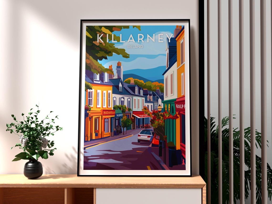 Killarney Ireland Vibrant Main Street Mountain Backdrop Town Poster