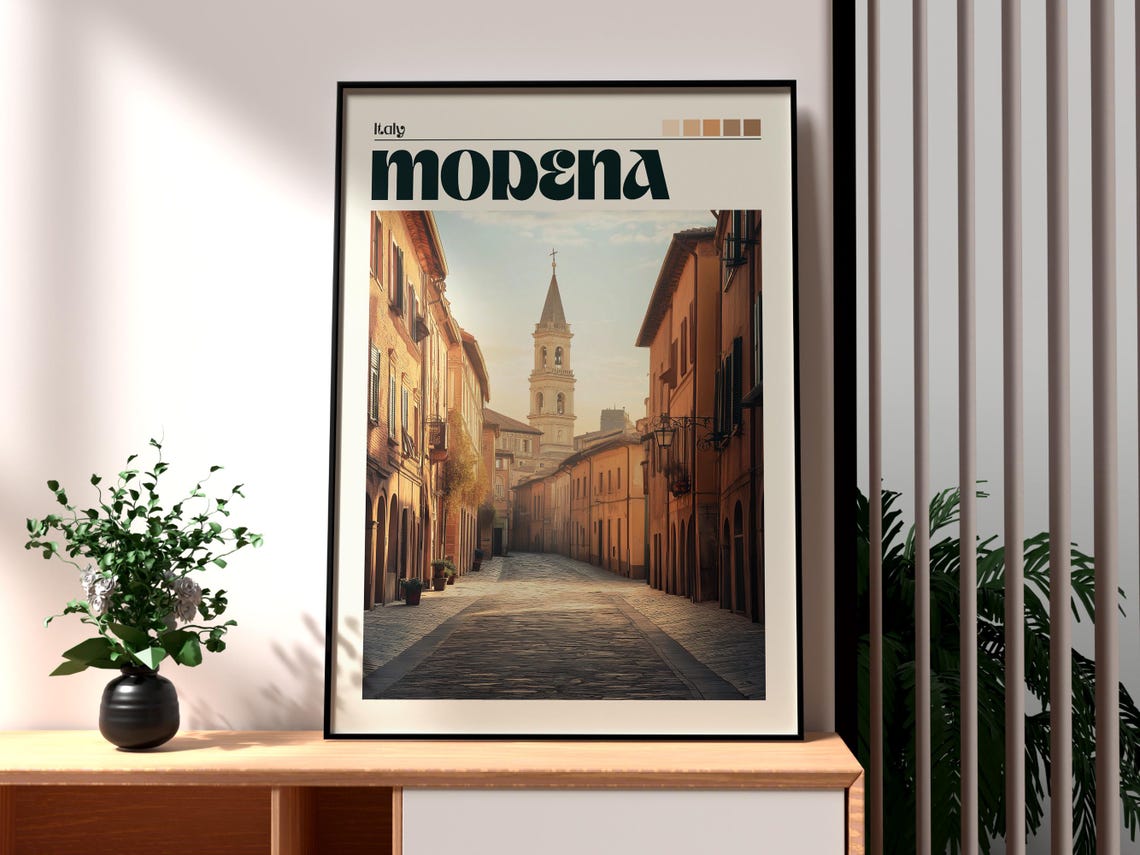 Modena Italy Historic Old Town Cobblestone Street Bell Tower Poster