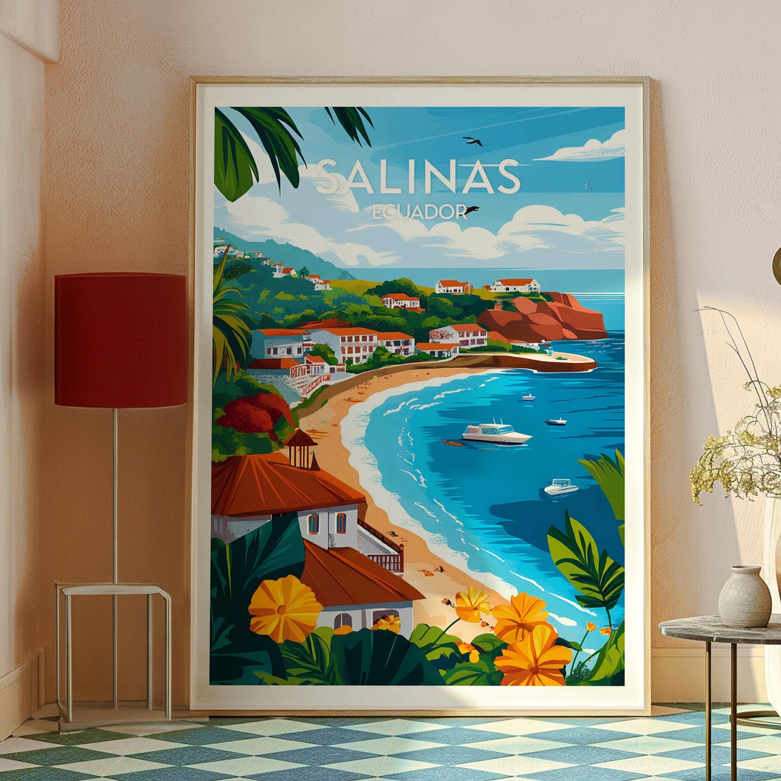 Salinas Ecuador Tropical Beach Bay Boats Cliffs Vintage Travel Poster - Image 2