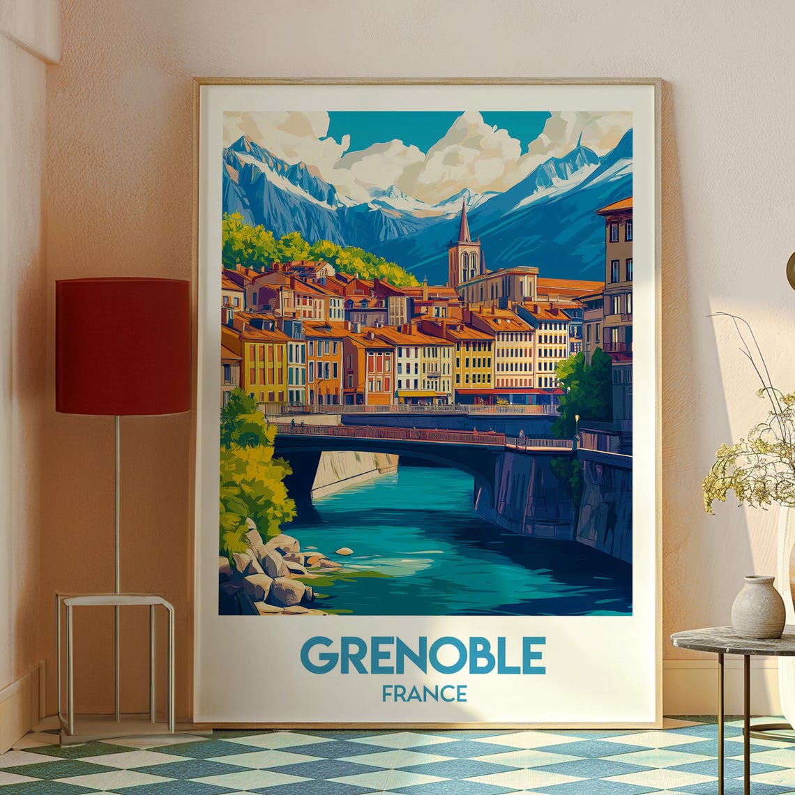 Grenoble France River Bridge Old Town Alps Mountain View Travel Poster - Image 2