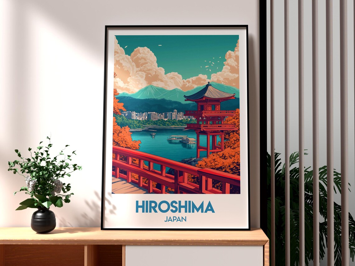 Hiroshima Japan Itsukushima Shrine Red Bridge Pagoda Travel Poster