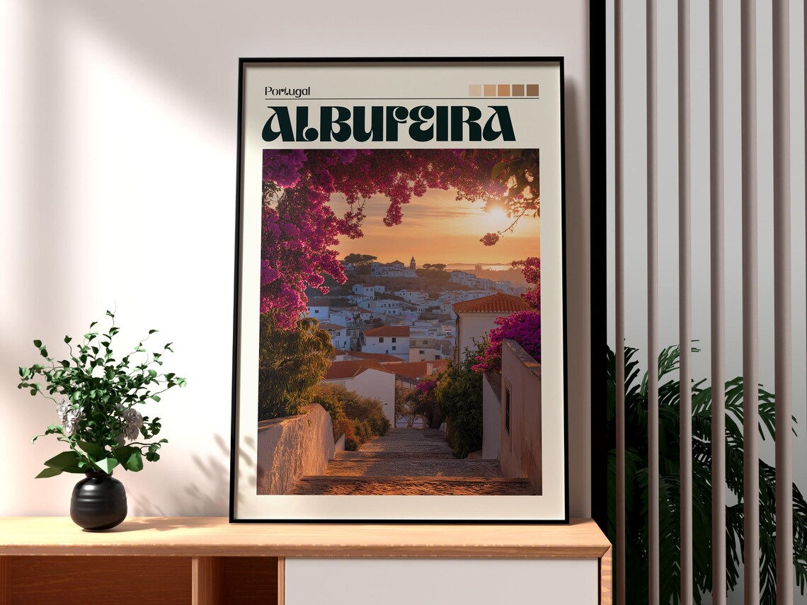 Albufeira Portugal Sunset Photo Poster Algarve Old Town Bougainvillea