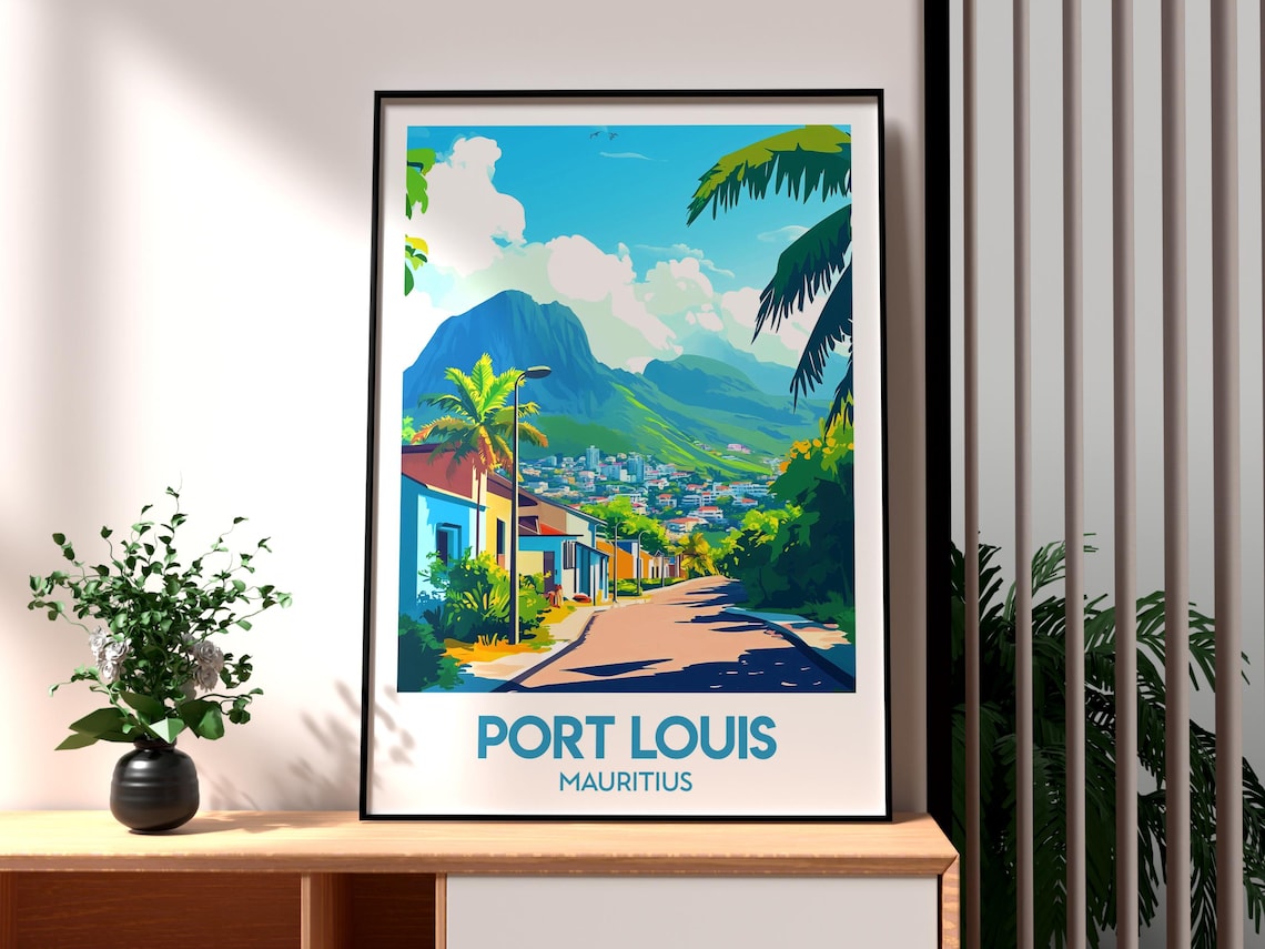 Port Louis Mauritius Sunny Mountain City Street Travel Poster