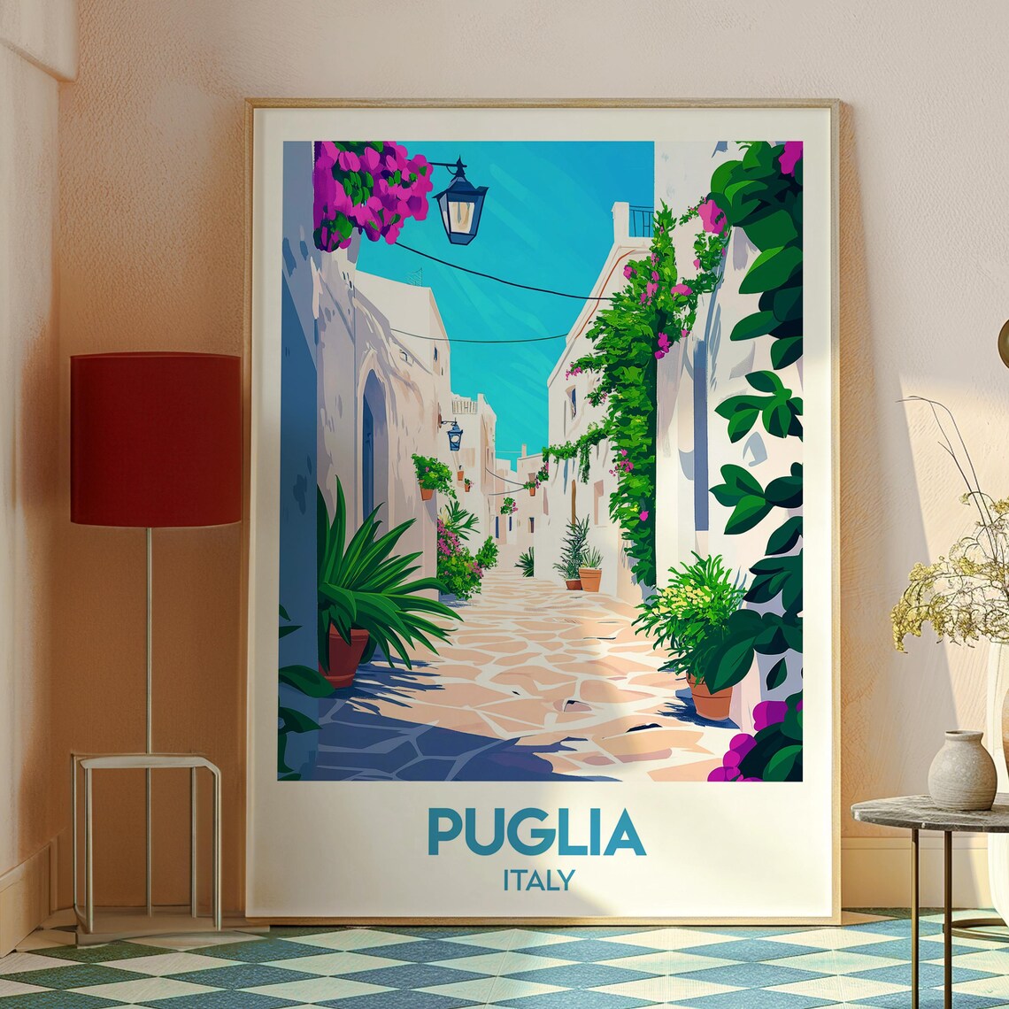 Puglia Italy Whitewashed Alley Bougainvillea Village Travel Poster - Image 2