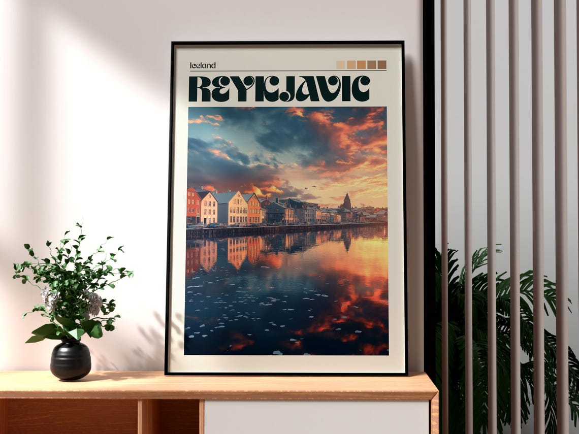 Reykjavik Iceland Harbor Sunset Waterfront Reflection Travel Poster