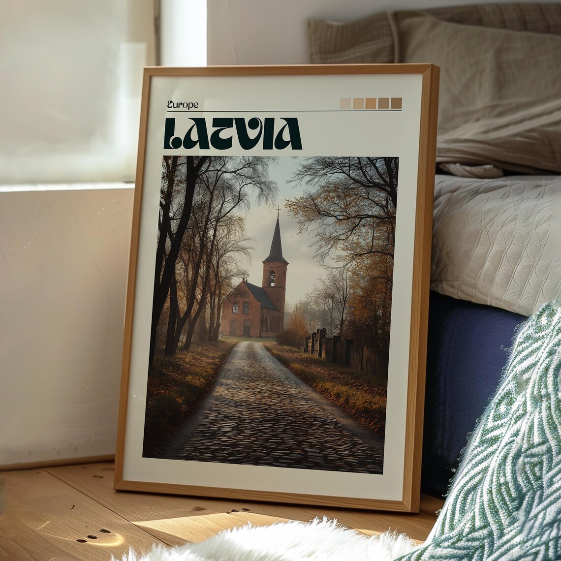 Latvia Europe Old Brick Church Quiet Autumn Cobblestone Road Poster - Image 3