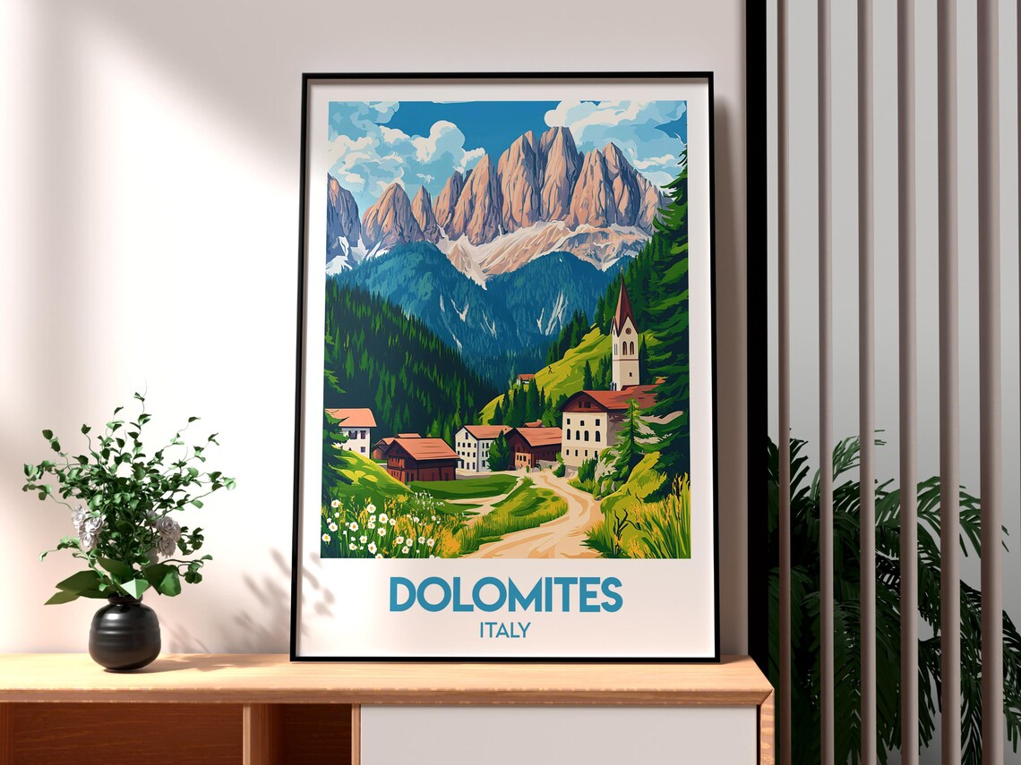 Dolomites Italy Alpine Peaks Village Church Mountain Travel Poster