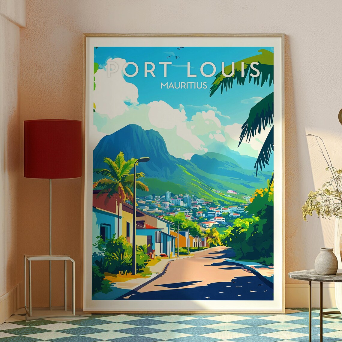 Port Louis Mauritius Mountain Backdrop Palm Street Travel Poster - Image 2