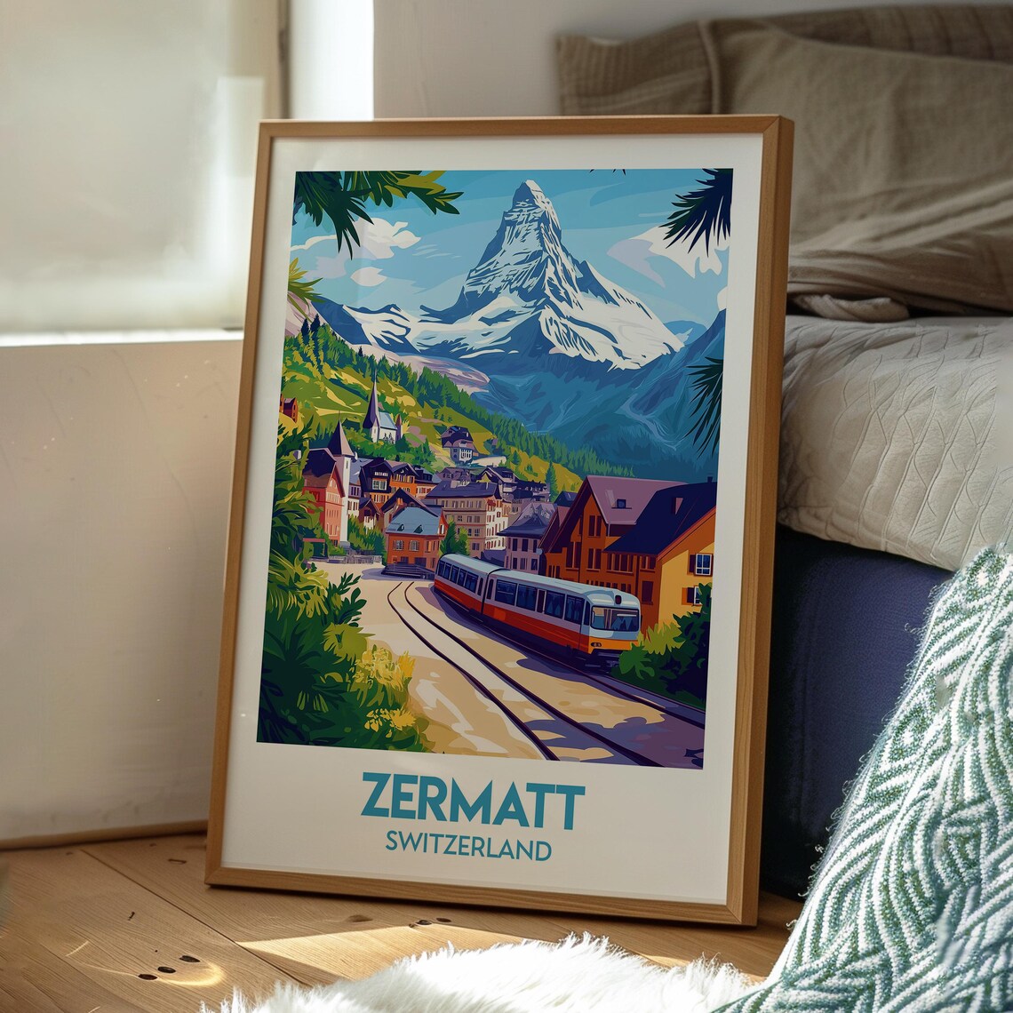 Zermatt Switzerland Matterhorn Peak Village Red Train Alpine Scene Travel Poster - Image 3