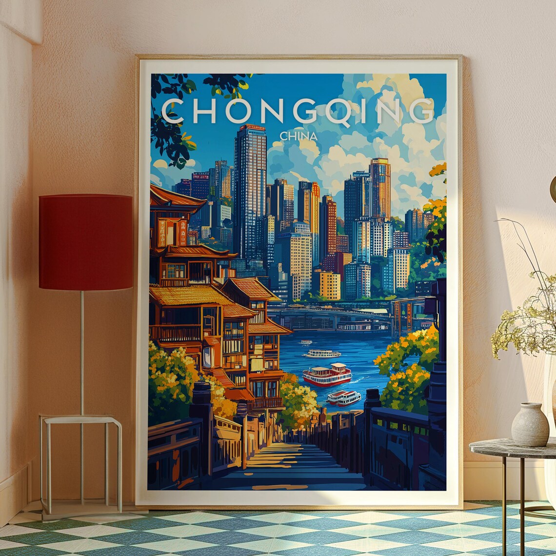 Chongqing China Riverside Skyline River Boats City Travel Poster - Image 2